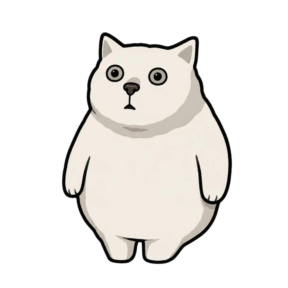 A plain chubby white cartoon cat standing and staring